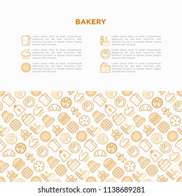 Bakery concept with thin line icons: toast bread, pancakes, flour, croissant, donut, pretzel, cookies, gingerbread man, cupcake, burger, apple pie, pizza. Vector illustration, print media template.