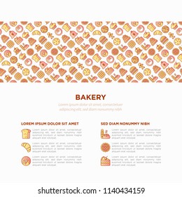 Bakery concept with thin line icons: toast bread, pancakes, flour, croissant, donut, pretzel, cookies, gingerbread man, cupcake, burger, apple pie, pizza. Vector illustration, print media template.