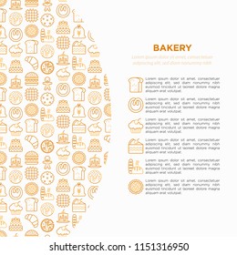 Bakery concept with thin line icons: toast bread, pancakes, flour, croissant, donut, pretzel, cookies, gingerbread man, cupcake, burger, apple pie. Modern vector illustration, print media template.
