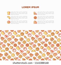 Bakery concept with thin line icons: toast bread, pancakes, flour, croissant, donut, pretzel, cookies, gingerbread man, cupcake, burger, apple pie. Modern vector illustration, print media template.