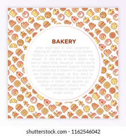 Bakery concept with thin line icons: toast bread, pancakes, flour, croissant, donut, pretzel, cookies, gingerbread man, cupcake, burger, pizza, waffle. Modern vector illustration, print media template