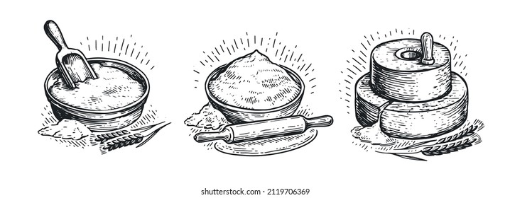 Bakery concept in vintage engraving style. Wheat flour, bread, millstone, dough sketch vector illustration