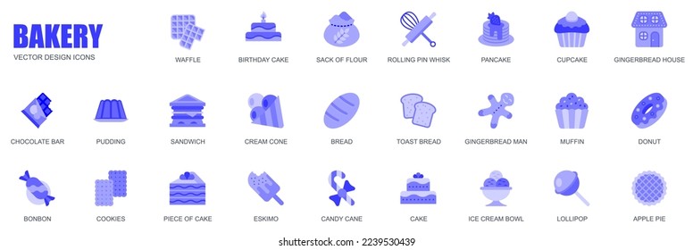 Concepto de panadería de íconos de la web enmarcados en un simple diseño plano. Envase de gofre, torta de cumpleaños, alfiler, whisk, panqueque, quequitos, pan de jengibre, chocolate y otros. Pictogramas azul vectorial para aplicación móvil