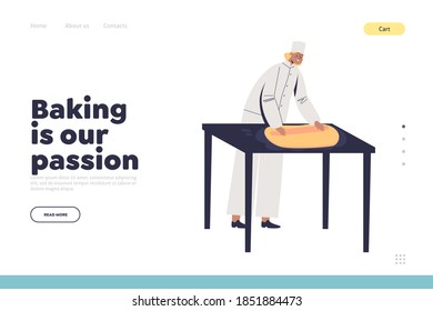 Bakery and confectionary concept of landing page with female confectioner working with dough for cake, bakery and dessert cooking. Woman baker making food preparation. Flat vector illustration