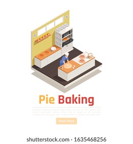 Bakery confectionery facility isometric workplace serving counter view with dough rolling for pies pizzas desserts vector illustration 