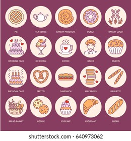 Bakery, confectionery flat line icons. Sweet shop products - cake, croissant, muffin, pastry, cupcake, pie Food thin linear colored signs for bread shop.