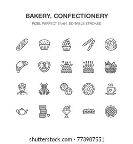 Bakery, confectionery flat line icons. Sweet shop products cake, croissant, muffin, pastry cupcake, pie Food thin linear signs, bread house. Pixel perfect 64x64.