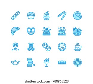 Bakery, confectionery flat line icons. Sweet shop products cake, croissant, muffin, pastry cupcake, pie Food thin linear signs, bread house. Pixel perfect 64x64.