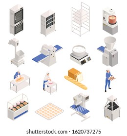 Bakery confectionery industrial equipment with personnel oven mixer dispenser cooking scales dough kneader bread tray vector illustration 