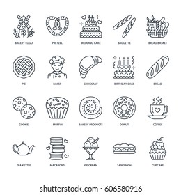 Bakery, confectionery line icons. Sweet shop products - cake, croissant, muffin, pastry, cupcake, pie Food thin linear signs.