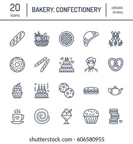 Bakery, confectionery line icons. Sweet shop products - cake, croissant, muffin, pastry, cupcake, pie Food thin linear signs.