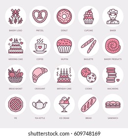 Bakery, confectionery line icons. Sweet shop products - cake, croissant, muffin, pastry, cupcake, pie Food thin linear signs