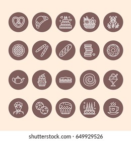 Bakery, confectionery line icons. Sweet shop products cake, croissant, muffin, pastry cupcake, pie Food thin linear signs.