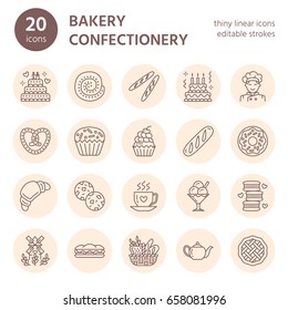 Bakery, confectionery line icons. Sweet shop products birthday cake, croissant, muffin, pastry cupcake, pie Food thin linear signs.
