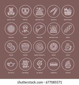 Bakery, confectionery line icons. Sweet shop products cake, croissant, muffin, pastry cupcake, pie Food thin linear signs.