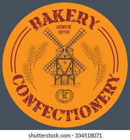 Bakery and confectionery logotype with mill and ears. Vector illustration