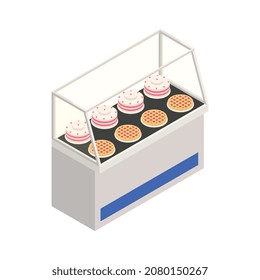 Bakery confectionery pizza isometric composition with shop display fridge with ready cakes vector illustration
