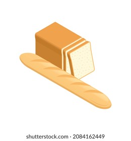 Bakery confectionery pizza isometric composition with isolated image of french and toast bread with slices vector illustration