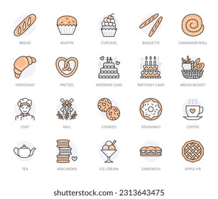 Bakery, confectionery poster template. Vector food line icons, illustration of sweets, pretzel, croissant, muffin, pastry, cupcake. Bread house products banner. Orange color Editable stroke