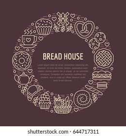 Bakery, confectionery poster template. Vector food line icons, illustration of sweets, pretzel, croissant, muffin, pastry cupcake, pie, mill. Bread house products dark banner with place for text.