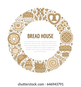 Bakery, confectionery poster template. Vector food line icons, illustration of sweets, pretzel croissant, muffin, pastry cupcake, pie, mill. Bread house products banner with place for text.