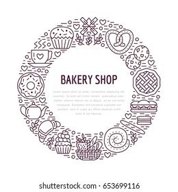 Bakery, confectionery poster template. Vector food line icons, illustration of sweets, pretzel croissant, muffin, pastry cupcake, pie, mill. Bread house products banner with place for text.