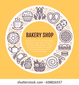Bakery, confectionery poster template. Vector food line icons, illustration of sweets, pretzel croissant, muffin, pastry cupcake, pie, mill. Bread house products banner with place for text.