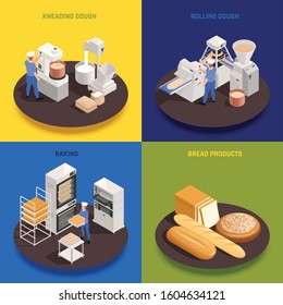 Bakery confectionery production concept 4 isometric compositions with kneading rolling dough machinery ovens baking bread vector illustration 