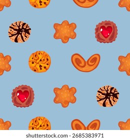 Bakery and Confectionery Seamless Pattern with Cookies on a blue background. Vector Illustration.