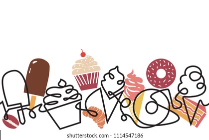 Bakery and Confectionery Shop Background . Pattern with Sweets. Continuous drawing style. Abstract Banner with ice cream, cupcake, donut, croissant, ant slice of pie. Vector illustration.