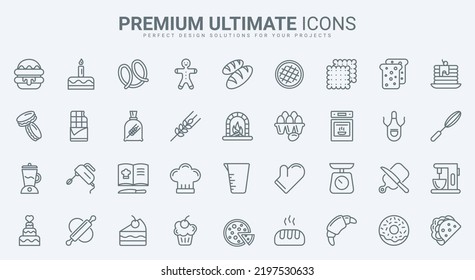 Bakery, confectionery thin line icons set vector illustration. Abstract outline sweet food collection with kitchen equipment to cook dessert and bake bread, sugar pictogram menu for restaurant or cafe