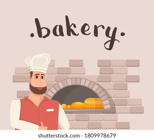 Bakery cooking. Baker chef man and bread loafs in retro brick oven. Bakery chef person cartoon character in hat cooking and showing thumb up. Baked food vector illustration