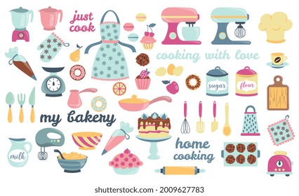 Bakery and cooking collection, kitchen utensils icons. Perfect for scrapbooking, poster design, sticker kit. Set of isolated on white background hand drawn vector illustrations