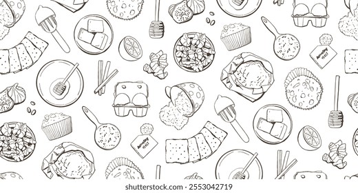 Patrón de Vector sin fisuras de la receta de la cocina de la panadería en estilo de Antiguas