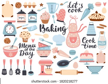 Bakery and cooking set, kitchen utensils icons. Perfect for scrapbooking, poster design, sticker kit. Hand drawn vector illustration.  svg