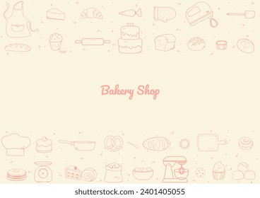Bakery and cooking utensil outline icons with copy space on a beige background. Hand-drawn and doodle style.
