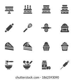Bakery, cooking vector icons set, modern solid symbol collection, filled style pictogram pack. Signs, logo illustration. Set includes icons as sweet dessert, birthday and wedding cake piece, flour bag