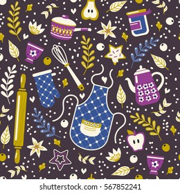 Bakery and cooking vintage siamless pattern with floral elements. Vector illustration.