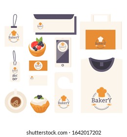 Bakery Corporate Identity-Artikel mit Emblem-Druck, professionelles Backhaus-Zubehör, Vektorillustration-Illustration. Produktetikett für Bakeshop, Geschäftskonzept, Symbolvorlage für Schreibwaren und einheitlich