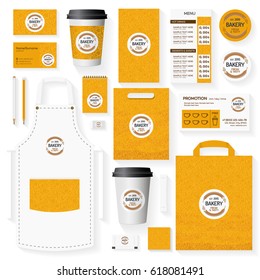 Bakery corporate identity template set with logo consisting of two spica for loaf store, bread house, cupcake firm, food market, cafe. Set of card, menu, package, uniform.