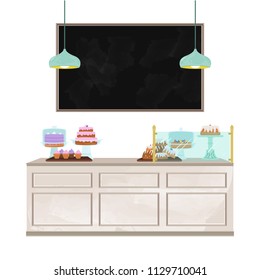 Bakery counter illustration with large, blank chalkboard messaging space. Interior isolated vector illustration set.