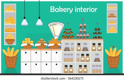 Bakery counter with scales, different types of bakery products. Vector illustration of confectionery. Bakery counter with different bread.  Baton and baguette, cupcake and muffin, croissant and cake