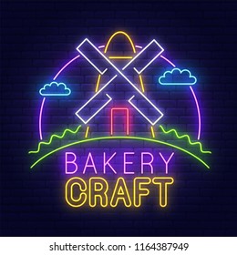 Bakery craft. Logo, label and logo for a bakery with a picture of the mill. Logo of  bakery. Neon sign, light banner, bright advertising. Vector image