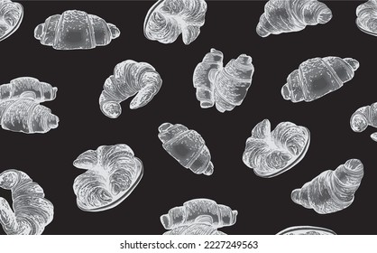 Bakery croissants cover, croissants on black background , food pattern. Graphical  illustration for printing and design 
