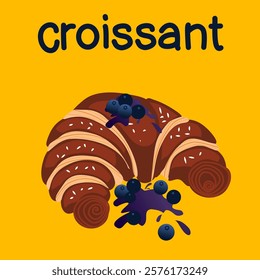 Bakery croissants isolated on background for cafe, bistro, restaurant. Vector illustration. Croissant bread on a round tray with blueberry jam and blueberries on the croissant.