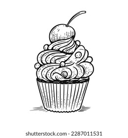 Bakery cupcake or muffin hand drawn black sketch style vector art illustration.