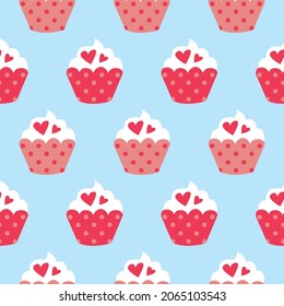 Bakery Cupcakes style vector seamless pattern. Pink and white cake on blue background. sweet cartoon elements decorative cute. graphic of hand drawn illustration for print, wallpaper, textile.
