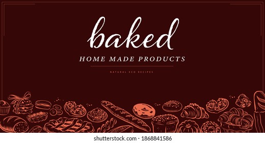 Bakery decor design template with bottom pattern with desserts, bread, loaf, wheat, baguette, donut, cupcakes isolated on dark background. Hand drawn sketch illustration. Menu cover, banner.