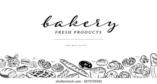 Bakery decor design template with bottom pattern with desserts, bread, loaf, wheat, baguette, donut, cupcakes isolated on white background. Hand drawn sketch illustration. Menu cover, banner.