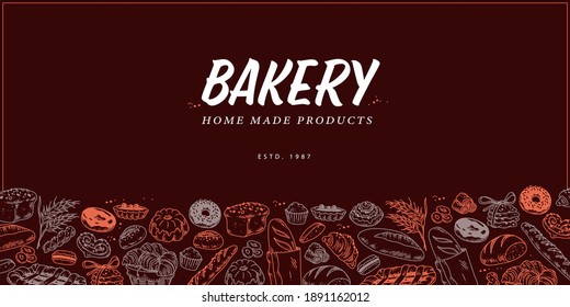 Bakery decor design template with bottom pattern with desserts, bread, loaf, wheat, baguette, donut, cupcakes isolated on dark background. Hand drawn doodle illustration. Menu cover, banner.